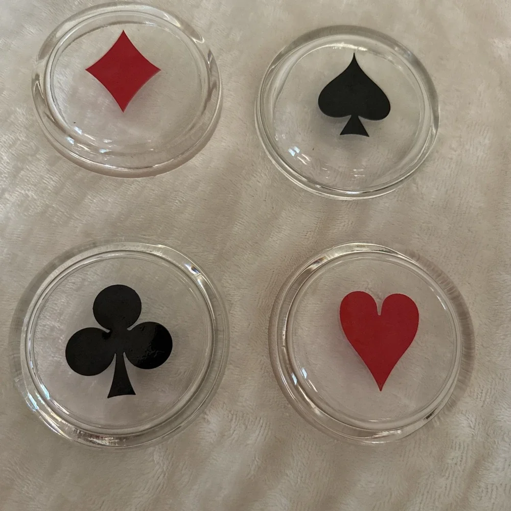 SET 4 GLASS SPADE HEART CLUB DIAMOND PLAYING CARD SUIT COASTERS